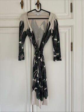 Diane von Furstenberg - classic wrap dress.  Cream and green.